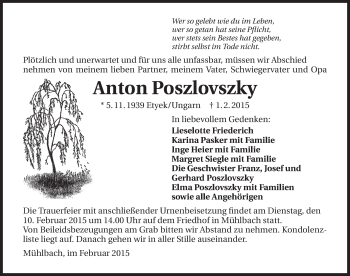 Traueranzeige von Anton Poszlovszky 