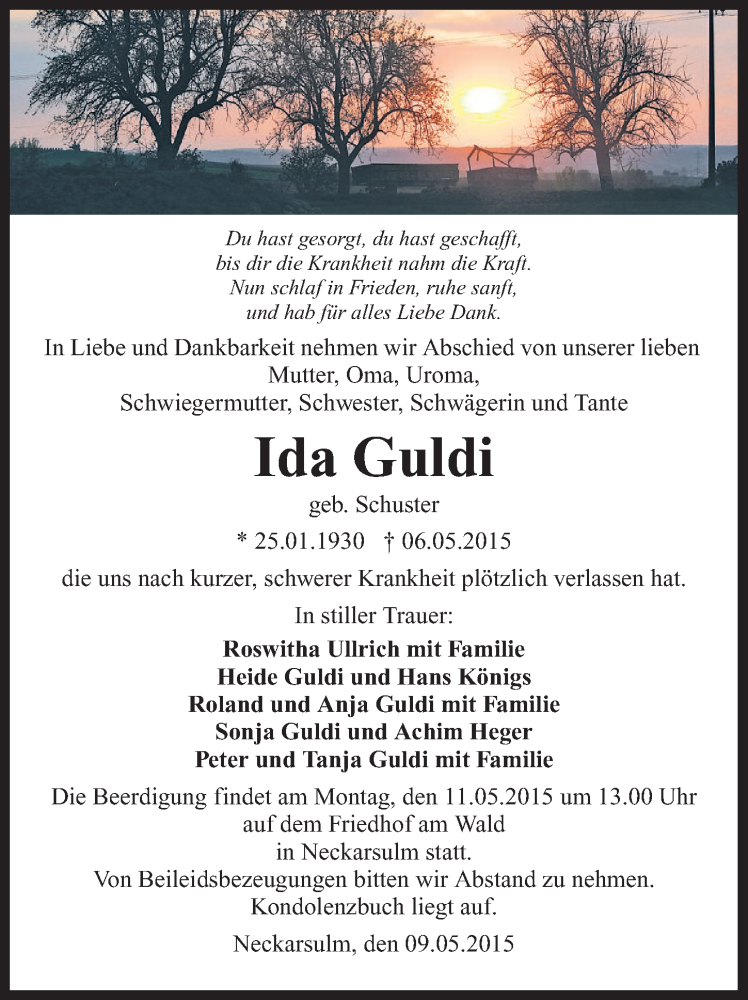 Traueranzeige für Ida Guld vom 09.05.2015 aus 