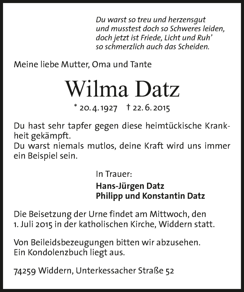 Traueranzeige für Wilma Datz vom 29.06.2015 aus 
