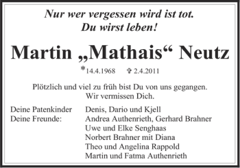 Traueranzeige von Martin 'Mathais' Neutz 