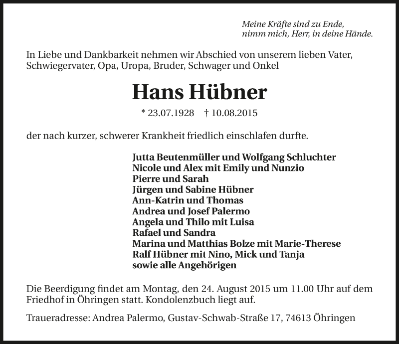  Traueranzeige für Hans Hübner vom 20.08.2015 aus 