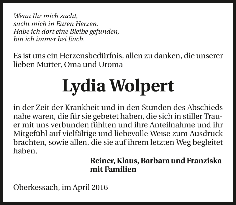  Traueranzeige für Lydia Wolpert vom 23.04.2016 aus 