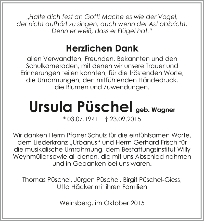  Traueranzeige für Ursula Püschel vom 10.10.2015 aus 