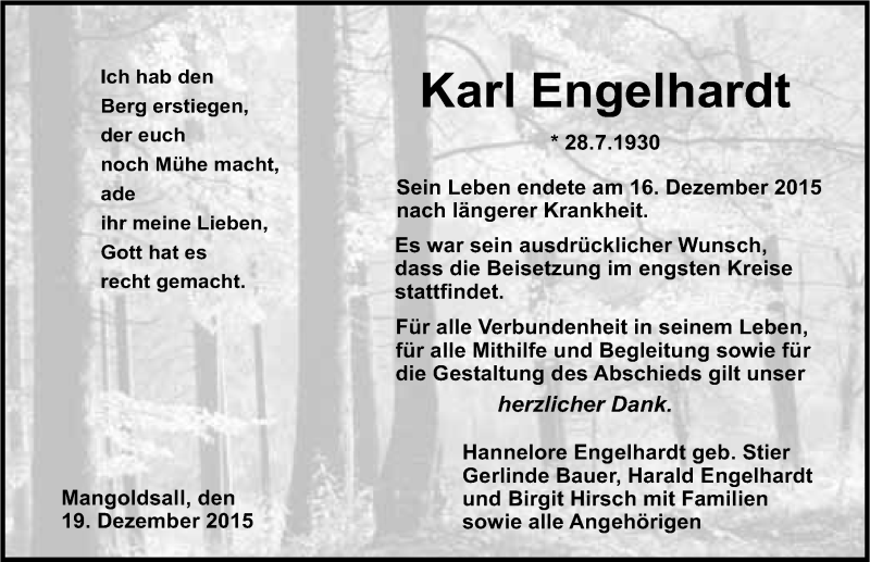  Traueranzeige für Karl Engelhardt vom 19.12.2015 aus 