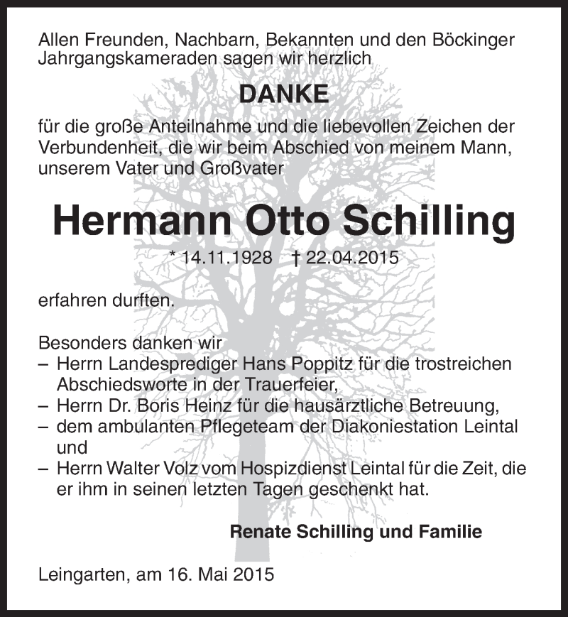  Traueranzeige für Hermann Otto Schilling vom 16.05.2015 aus 