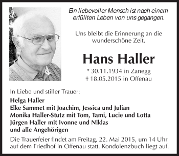 Traueranzeige von Hans Haller 