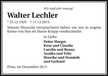 Traueranzeige von Walter Lechler 