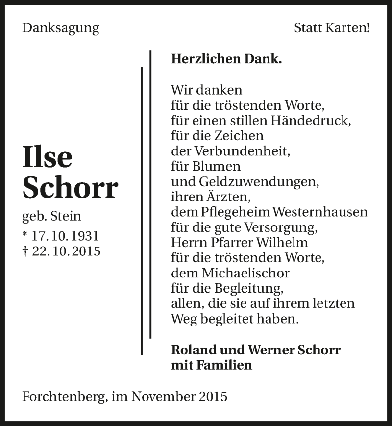  Traueranzeige für Ilse Schorr vom 14.11.2015 aus 