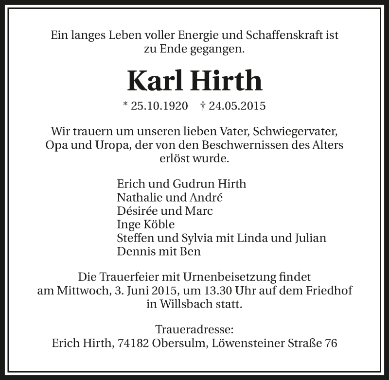 Traueranzeige für Karl Hirth vom 29.05.2015 aus 