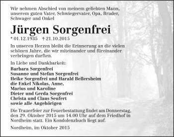 Traueranzeige von Jürgen Sorgenfrei 