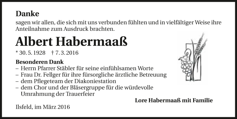  Traueranzeige für Albert Habermaaß vom 19.03.2016 aus 