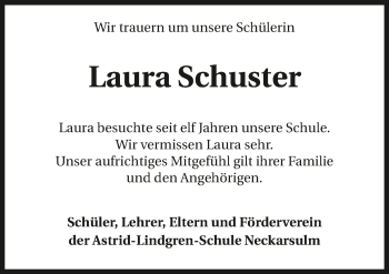 Traueranzeige von Laura Schuster 