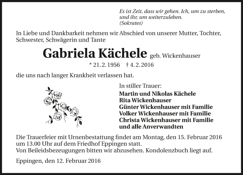  Traueranzeige für Gabriela Kächele vom 12.02.2016 aus 
