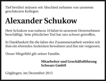 Traueranzeige von Alexander Schukow 
