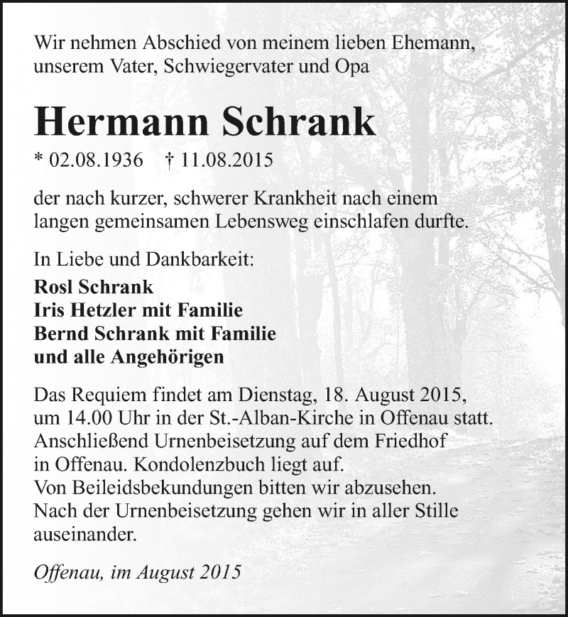  Traueranzeige für Hermann Schrank vom 15.08.2015 aus 