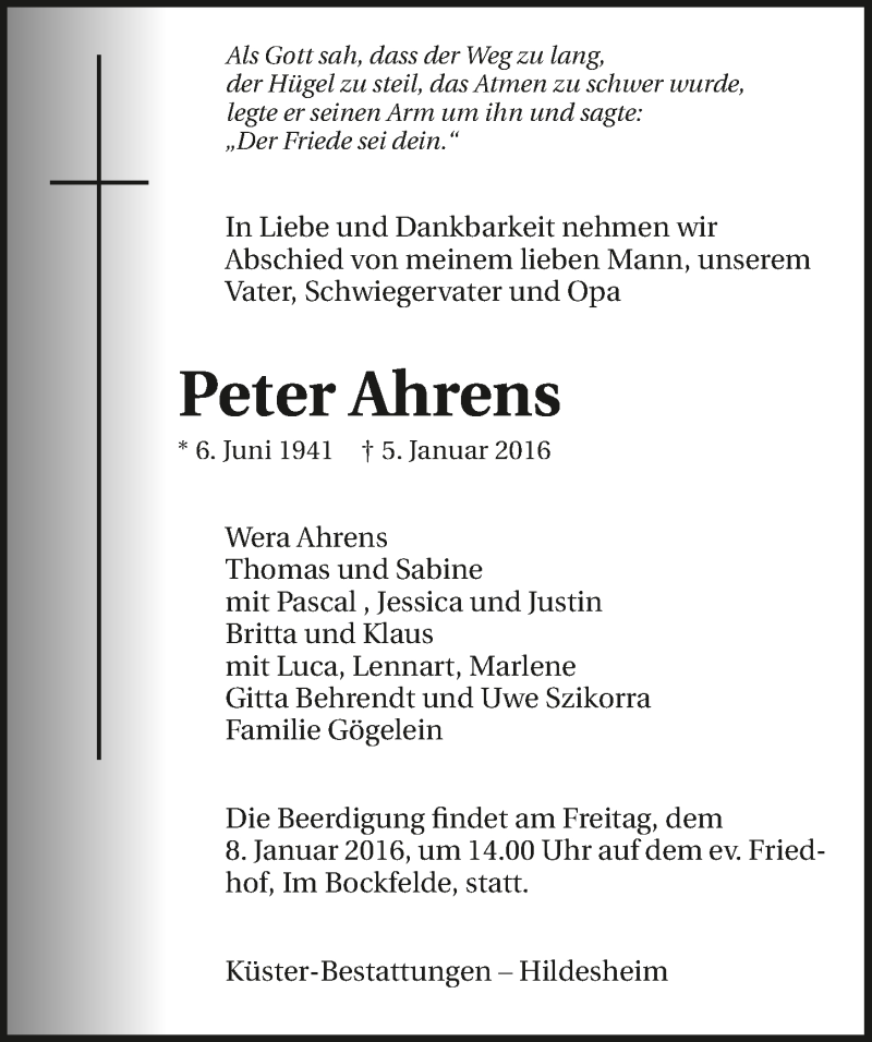  Traueranzeige für Peter Ahrens vom 07.01.2016 aus 
