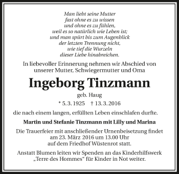 Traueranzeige von Ingeborg Tinzmann 