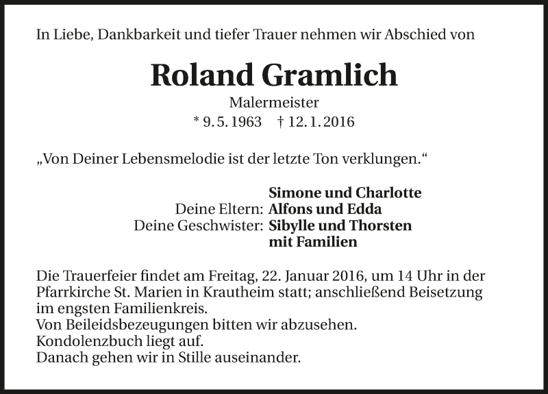  Traueranzeige für Roland Gramlich vom 18.01.2016 aus 