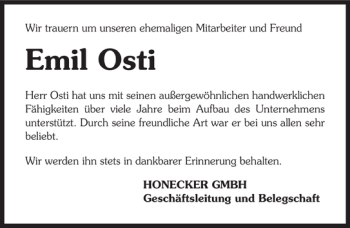 Traueranzeige von Emil Osti 