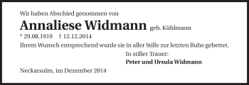 Traueranzeige von Annaliese Widmann 