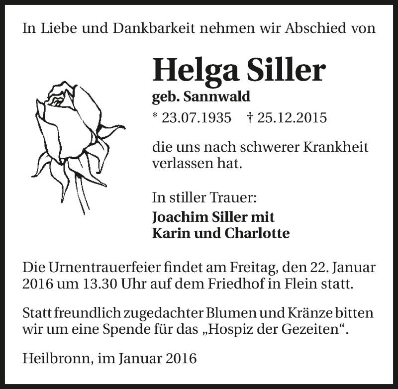  Traueranzeige für Helga Siller vom 09.01.2016 aus 