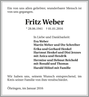 Traueranzeige von Fritz Weber 