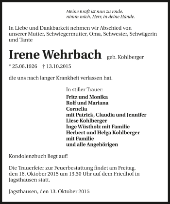 Traueranzeige von Irene Wehrbach 