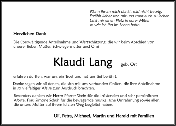 Traueranzeige von Klaudi Lang 