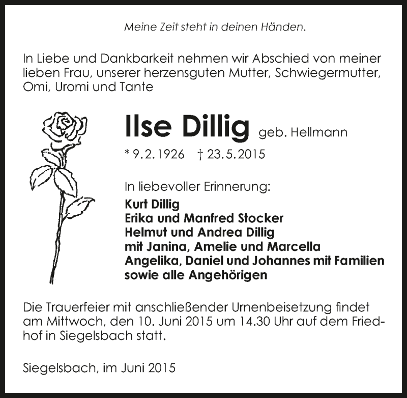  Traueranzeige für Ilse Dillig vom 06.06.2015 aus 