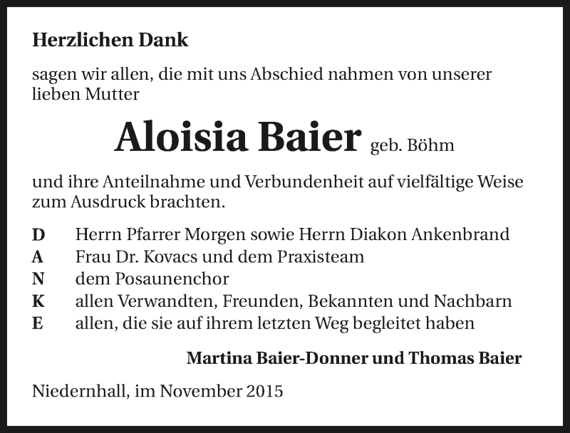  Traueranzeige für Aloisia Baier vom 28.11.2015 aus 