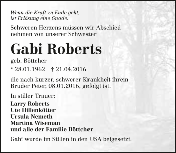 Traueranzeige von Gabi Roberts 