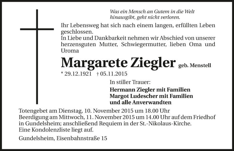  Traueranzeige für Margarete Ziegler vom 09.11.2015 aus 