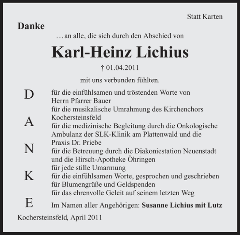  Traueranzeige für Karl-Heinz Lichius vom 16.04.2011 aus 