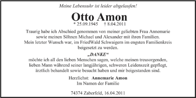  Traueranzeige für Otto Amon vom 16.04.2011 aus 