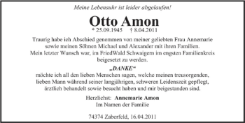 Traueranzeige von Otto Amon 