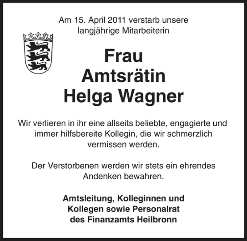  Traueranzeige für Frau Amtsrätin Helga Wagner vom 16.04.2011 aus 