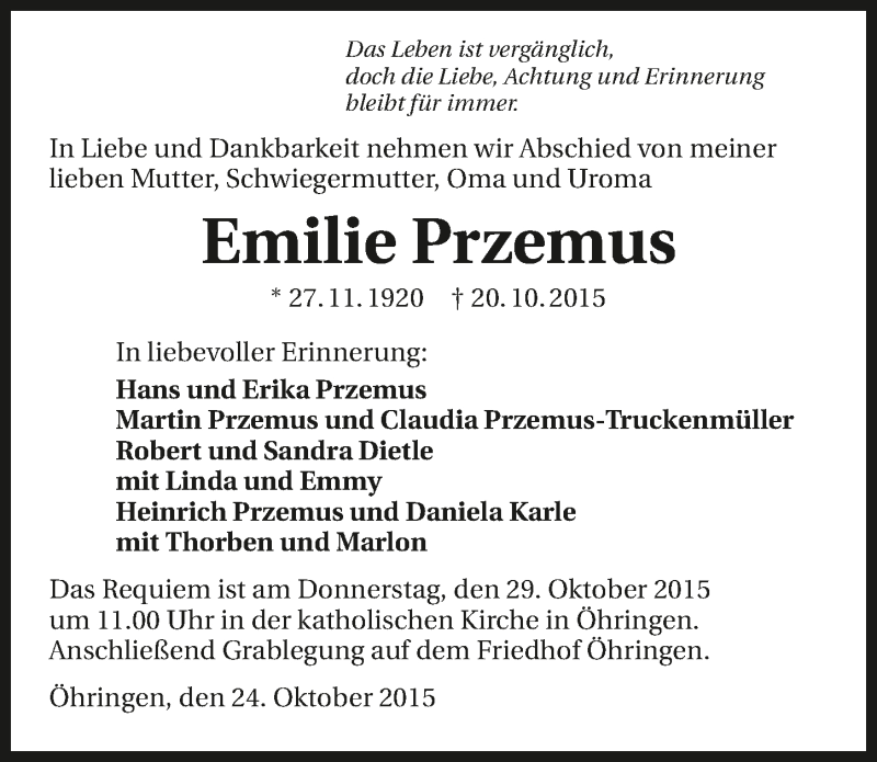 Traueranzeige für Emilie Przemus vom 24.10.2015 aus 