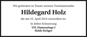 Traueranzeige von Hildegard Holz 
