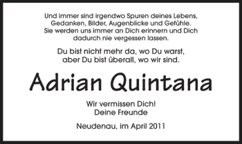 Traueranzeige von Adrian Quintana 