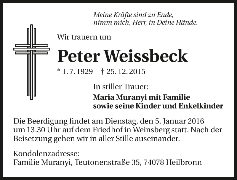  Traueranzeige für Peter Weissbeck vom 02.01.2016 aus 