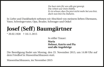 Traueranzeige von Josef Baumgärtner 