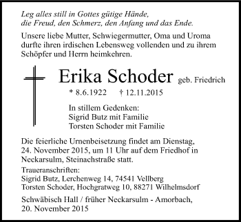 Traueranzeige von Erika Schoder 