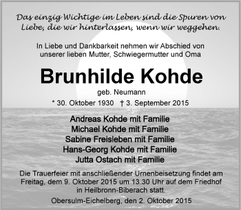Traueranzeige von Brunhilde Kohde 