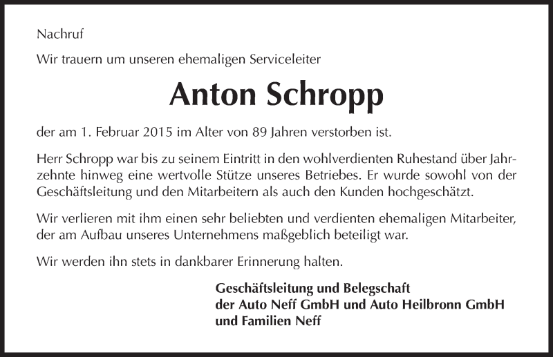  Traueranzeige für Anton Schropp vom 03.02.2015 aus 
