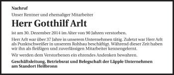 Traueranzeige von Gotthilf Arlt 
