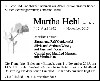 Traueranzeige von Martha Hehl 