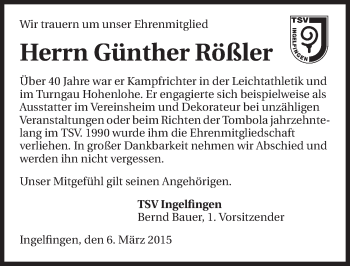 Traueranzeige von Günther Rößler 