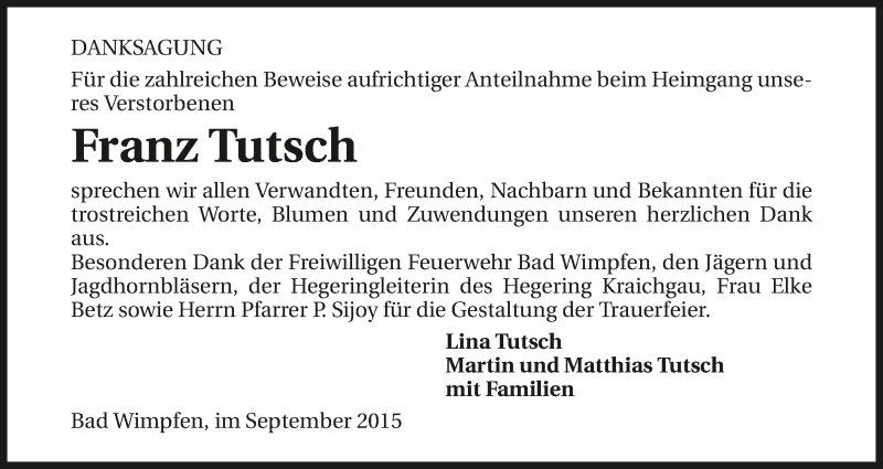  Traueranzeige für Franz Tutsch vom 17.09.2015 aus 
