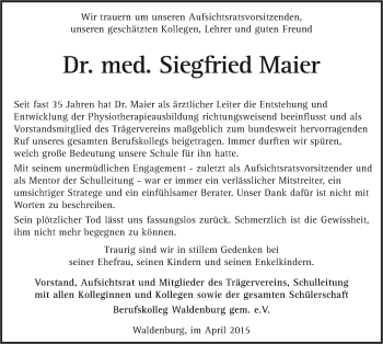 Traueranzeige von Siegfried Maier 