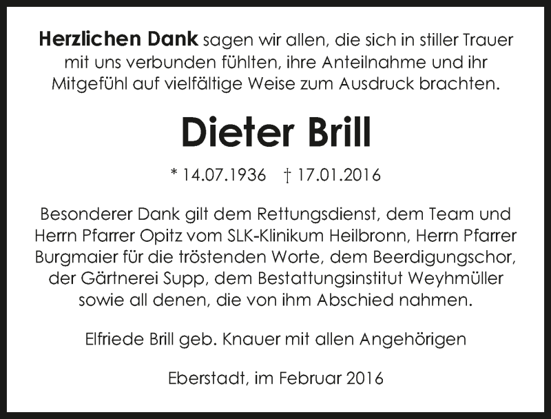  Traueranzeige für Dieter Brill vom 03.02.2016 aus 
